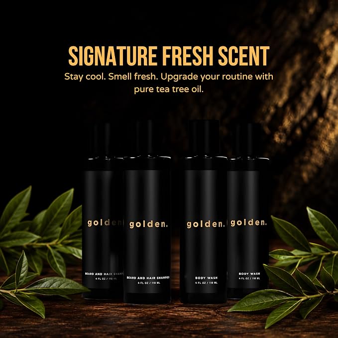 Golden Grooming Co. 3-in-1 Men’s Body Wash, Shampoo & Beard Wash – Hydrating Full Body Cleanser for All Skin Types – Fresh Tea Tree Scent – Naturally Derived Formula – 4-Pack Value Bundle