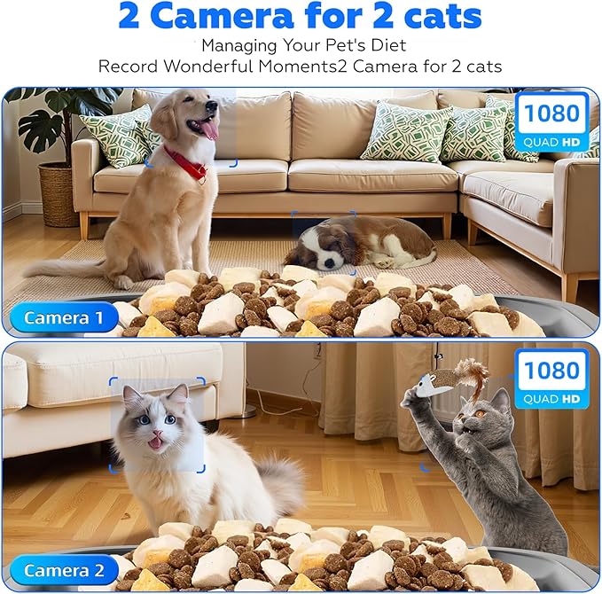 TYM Automatic Cat Feeder with 2 Camera for 2 Cats, 7L Dog Food Dispenser with Night Vision 2K 4MP, 5G WiFi Dual Auto Cat Feeder with Smart App for Multiple Cats & Small Dogs, Detachable for Clean