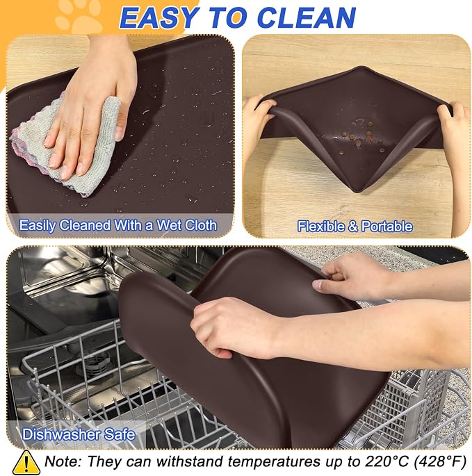 SMILOOL Waterproof Silicone Pet Food Mat with Raised Edge for Dog & Cat | 24" x 16" Non-Slip Pet Feeding Mats with Lip for Food & Water Bowl, Food Grade, Easy Cleaning, Dark Brown