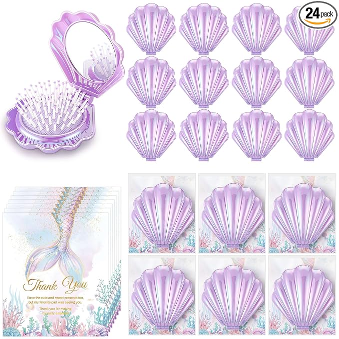 LemonRoad 24 Sets Mermaid Party Favors Shell Hair Brush with Mirror Card, Foldable Mini Travel Compact Hair Brush for Women Birthday, Bachelorette, Under The Sea, Beach Party Gifts(Purple)
