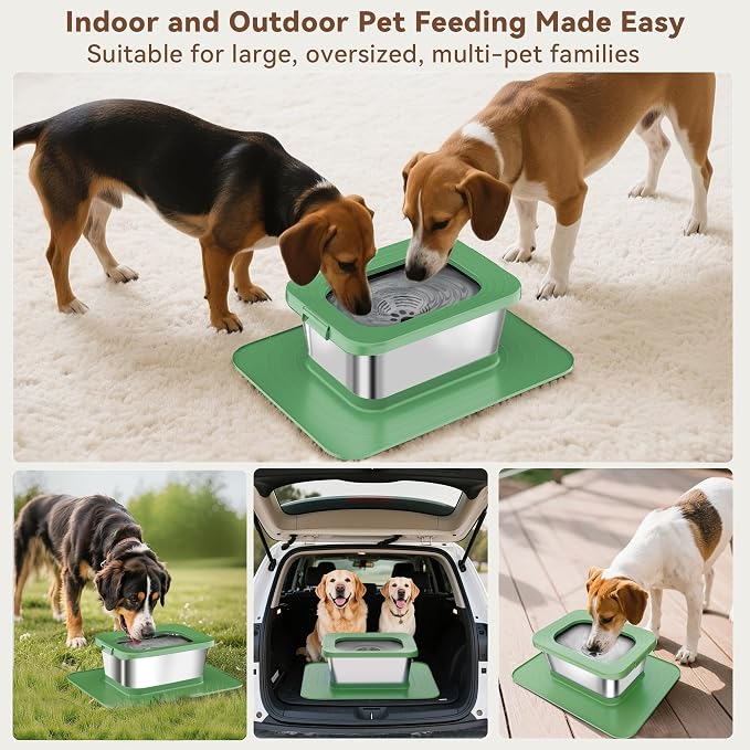 10L No Spill Dog Water Bowl Stainless Steel for Messy Drinkers | Large Capacity Slobber Stopper, Slow Drinking Anti Splash Design, XXL Silicone Mat, For Large Dogs & Multi-pet Homes, Green