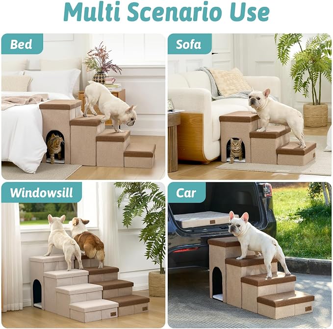Dog Stairs with Storage, 3-Step Wider Sturdy Dog Steps for Small/Medium/Large Dogs and Older Cats, Doggie Ramp with Condo for Bed/Couch/Car Hold Up to 180 lbs (17.7" H, Brown)