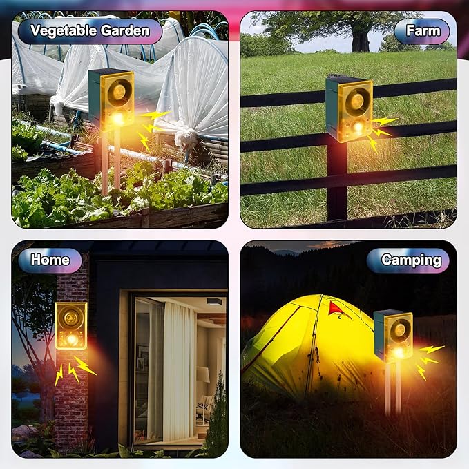 Qualirey 4 Pcs Solar Outdoor Motion Sensor Alarm Animal Deterrent Gunshot Sound Dog Barking 130db Loud Noise Maker 3 Modes with USB Remote Control, Support Recording and Volume Adjustment (Yellow)