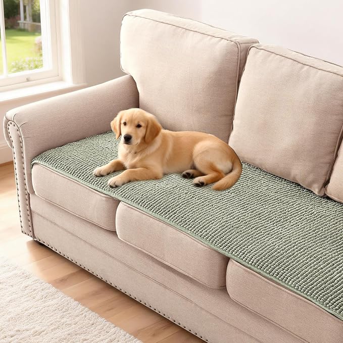 H.VERSAILTEX Plush Chenille Couch Cover for 3 Cushion Couch Anti Slip Washable Sofa Slipcovers Soft and Durable Furniture Protector for Dogs Cats Kids (27.5" x 71", Sea Foam)