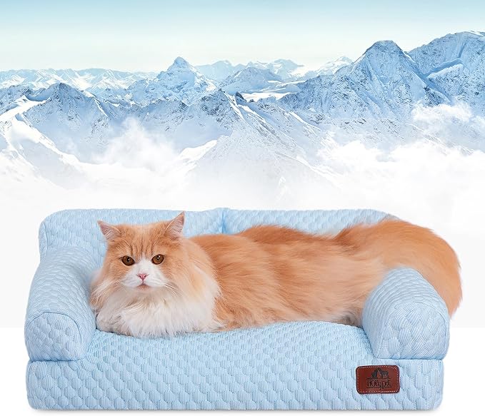 Hollypet Cooling Dog Couch Bed, Washable Pet Sofa, Blue, 24x18 | Cooling ice-silk pet bed with machine washable removable cover, non-slip bottom, for cats small dogs up to 25 lbs