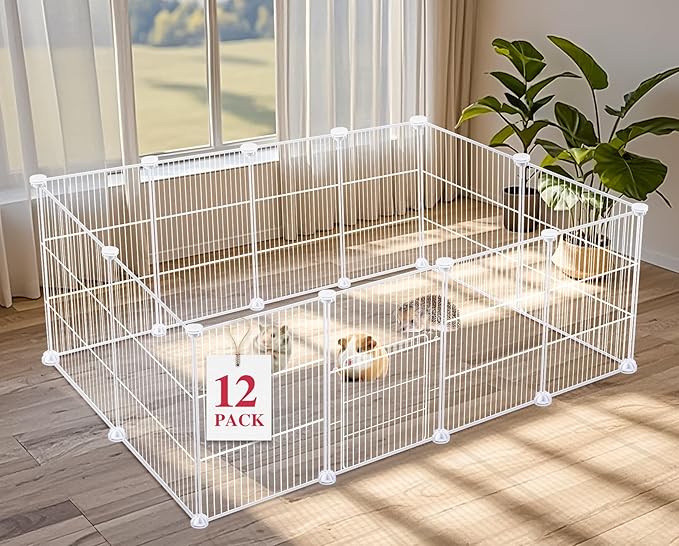 VISCOO 12 Panels Small Animal Playpen,Pet Playpen,C&C Cage for Guinea Pigs,Puppy Play Pen,Bunny Playpen Indoor Outdoor, Portable Metal Wire Yard Fence(White)