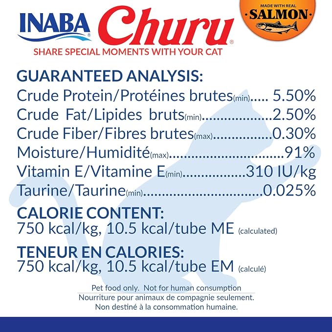 INABA Salmon Churu Cat Treats, Lickable, Squeezable Creamy Purée Cat Treat with Green Tea Extract & Taurine, 0.5 Ounces Each Tube, 20 Tubes, Salmon & Tuna Variety Box