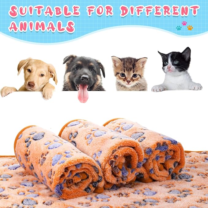Tatuo 4 Pack Fleece Dog Blankets for Puppy Cats Multi-Size Sleep Mat for Pet Guinea Pig Soft Washable Warm Crate Bed Puppy Teething Toys Print Pattern Blanket Indoor(Coffee,24 x 16 Inch,Paw)
