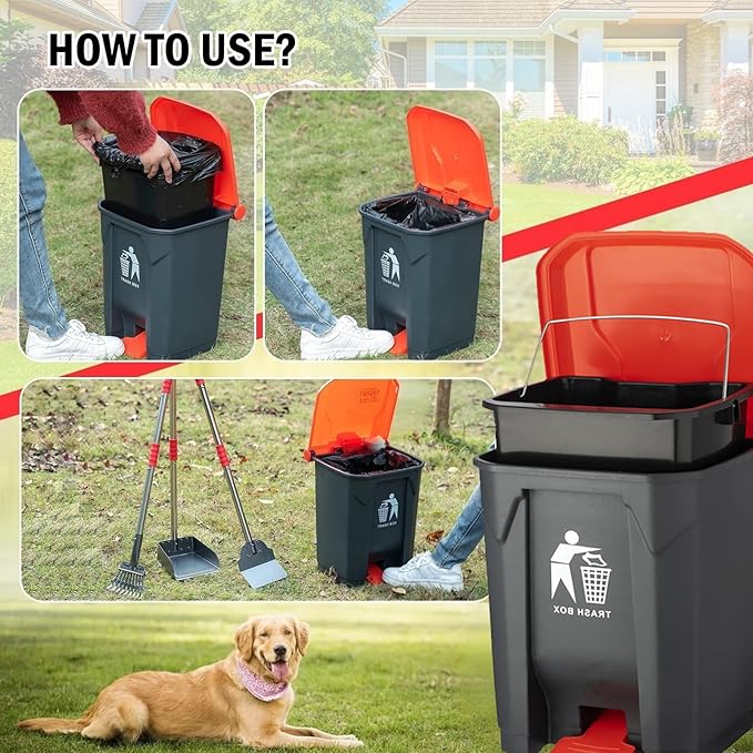 FUSBUNTY Dog Pooper Scooper Set,Dog Poop Tray and Rake Set for Large & Small Dogs Dog Pet Waste Tool 15 Litre Step Dog Poop Trash Can Outside W/Removable Inner Bucket with 20 Waste Bags