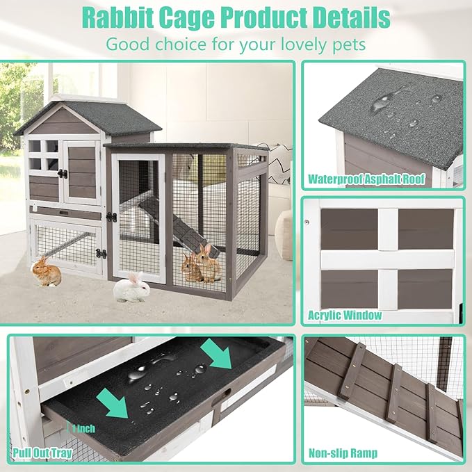 Gowoodhut 48" L Rabbit Hutch Indoor Outdoor Rabbit Cage with Run, Pull Out Tray, Asphalt Roof Large 2 Story Bunny Hutch Wooden Chicken Coop Guinea Pigs Pet House Cage for Small Animals(Grey)