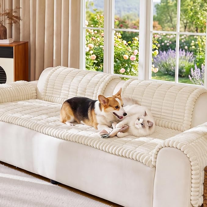FUANGUI Waterproof Couch Cover Sofa Cover for Dogs and Pets Sofa Protector | Non-Slip Washable Fuzzy Soft Cat Bed Sofa Slipcover for 2-3 Cushion Couch Sofa Pet Friendly, Beige, 27.6" x 70.9", 1 pcs