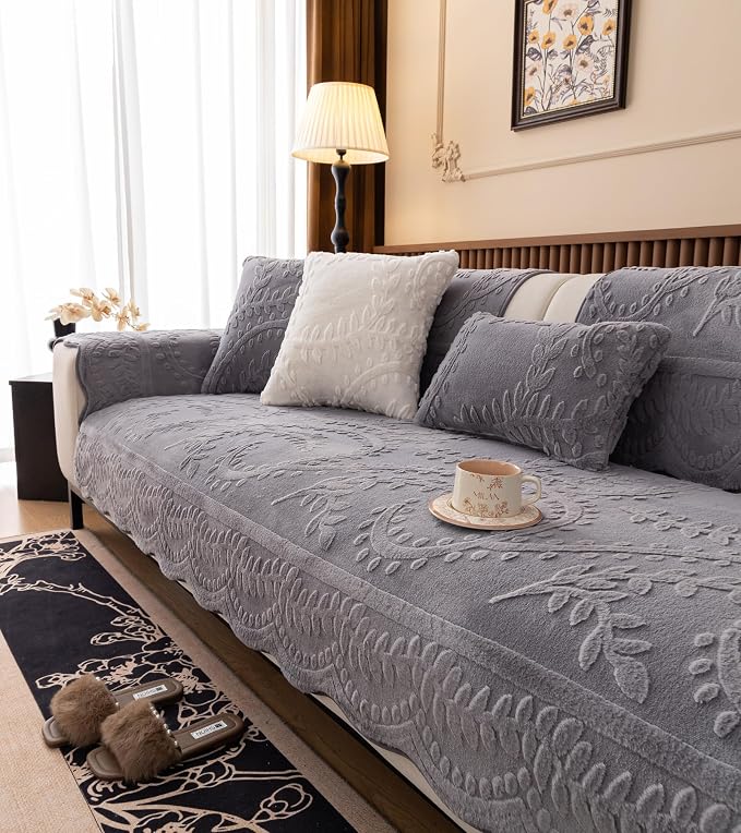 Grey Fuzzy Rabbit Plush Sofa Cover Cozy Warm Sofa Couch Covers with 3D Jacquard Leaf Pattern Non-Slip Easy-to-Install Shaggy Sofa Slipcover Prefect for Kids Dogs Cats Cats(Grey,36"x28")