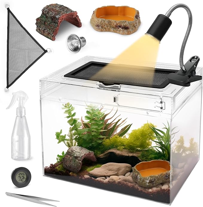 AZV Reptile Terrarium Starter Kit,8 Piece Small Reptile Tank with Escape-Proof Locks,Mesh Top,Multi-Vent Compatible Habitat,Durable Clear PC,Easy-Clean Waterproof Base for Geckos,Frogs,Spiders Small