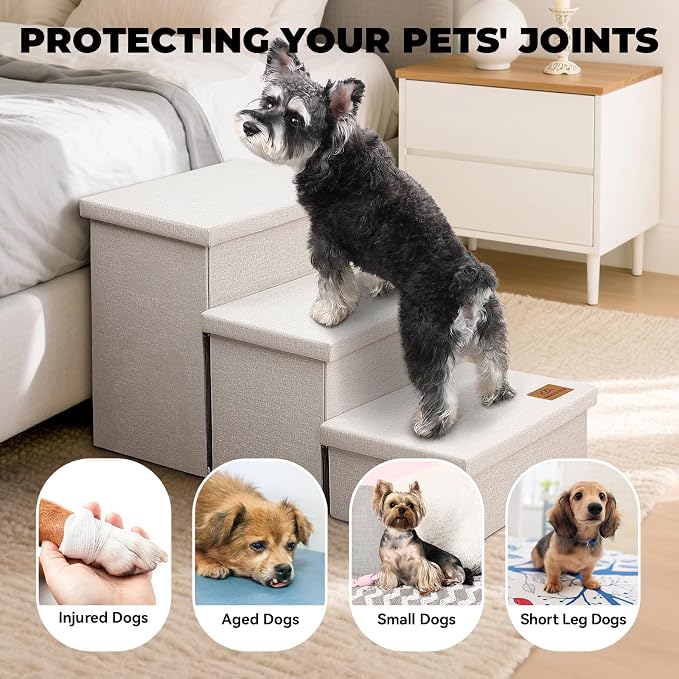 Zerbuger Dog Stairs with Storage, Beige 3 Steps Dog Ramp no Condo for Bed | 18" H Wider Dog Steps for High Beds Couch, Folding Storage Pet Stairs Gift for Climbing Small/Medium/Large Old Dogs Cats