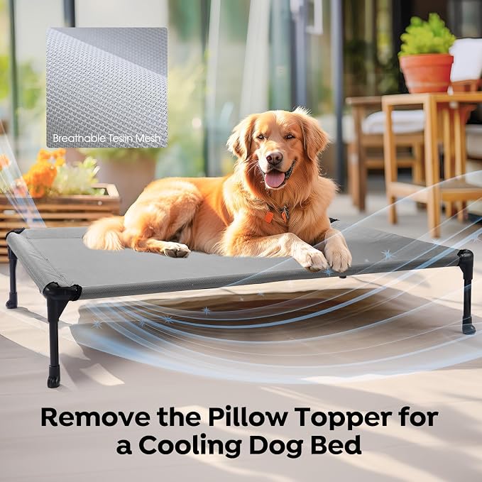 Veehoo Outdoor Elevated Dog Bed with Waterproof Bolster Cushion, Cooling | Raised Dog Bed with Removable & Washable Mat Topper, Breathable Mesh, Dog Couch Cot for Indoor Outdoor, 32", Medium, Grey