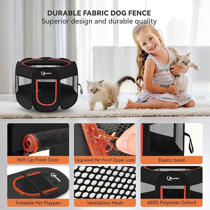 Siedihit Black Dog Cat Playpen, Puppy Pet Playpen Indoor for Small Dog | Crate Tent Cage Outdoor, Portable Pop Up Dogs Enclosure Kennel with Carrying Case for Dogs/Cats/Rabbits