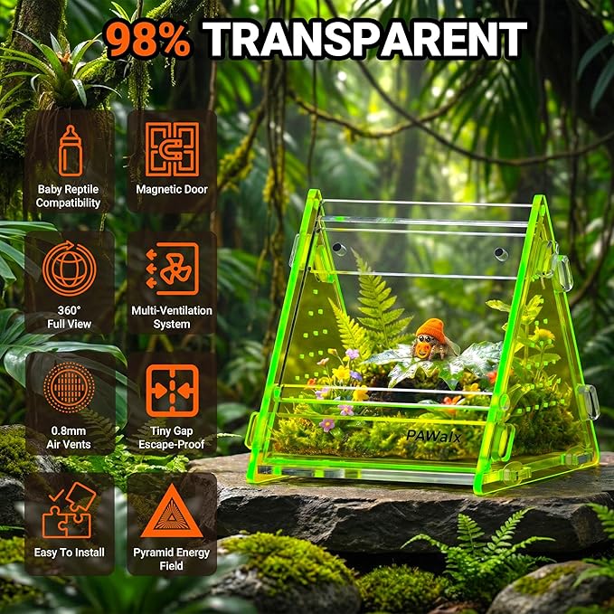 Triangular Jumping Spider Enclosure, Acrylic Terrarium with Magnetic Doors, 0.8mm Micro-Ventilation& Escape-Proof Design for Tarantulas, Lizards, Small Pets (Green,3.5”x3.5”x3.5”)