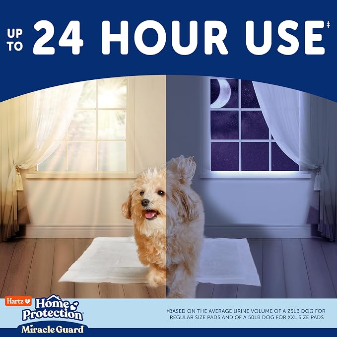 Hartz Miracle Guard Dog and Puppy Dog Pads Max Absorbency 24 Hour Use Odor Eliminating No Leaks, Regular Size 50 Count (Pack of 3)