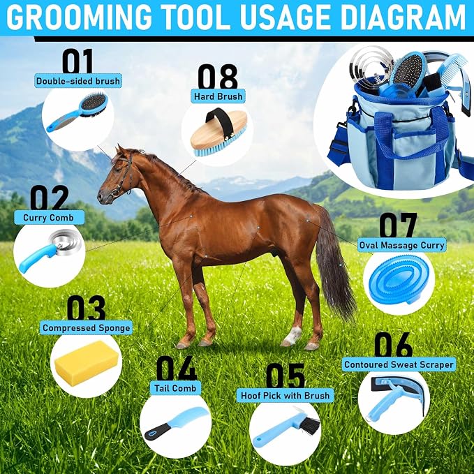Cunhill 9 Pcs Horse Grooming Kit Tack Room Supplies Set with Tote Bag, Oval Massage Curry, Hard and Soft Brush, Hoof Pick, Sweat Scraper, Bathing Sponge, Comb for Horse Rider(Classic,Light Blue)