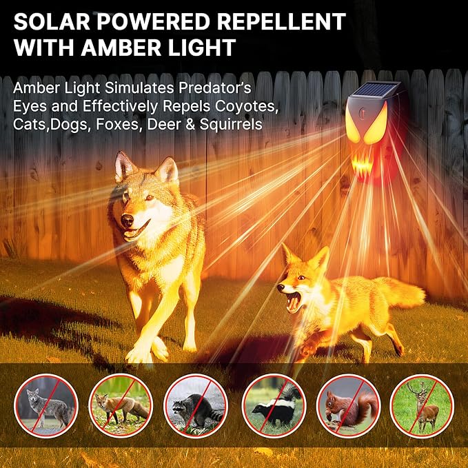 Solar Nocturnal Animal Repeller with Flickering Flame, Waterproof Solar Racoon Repellent Outdoor Coyote Deterrent for Fox, Raccoon, Skunk, Deer - Predator Light for Chicken Coop, Garden (2Pack-Black)