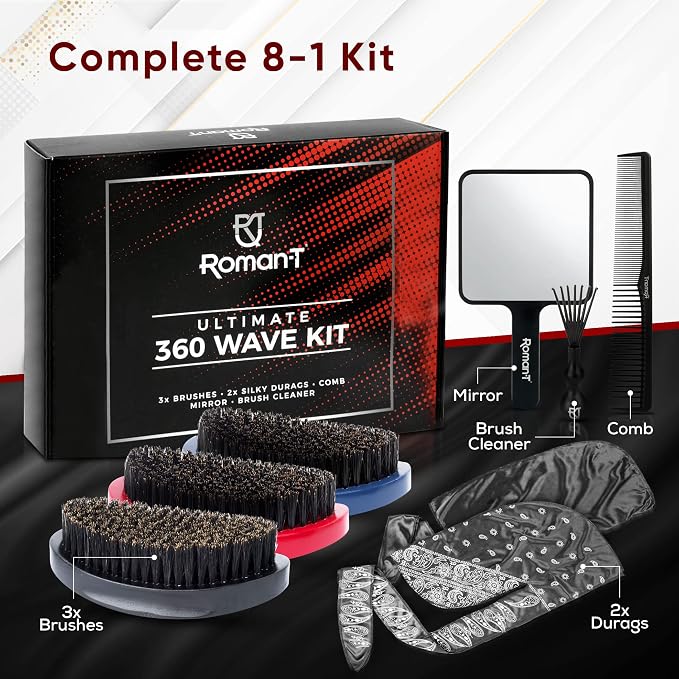 Roman-T 8-in-1 360 Wave Kit for Men - Grooming Kit for 360 Waves - 3 Wave Brushes, Soft, Medium & Hard - 2 Satin Durag, Hand Mirror, Comb, Hair Brush Cleaner - Gift Set, Black
