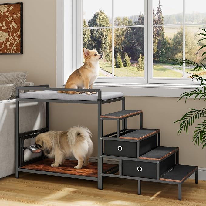 kepptory Dog Window Perch with 360° & Adjustable Raised Feeder, Pet Stairs Ramp with Seat with Stairs and Storage, Pet Bunk Bed with Small Pet Step