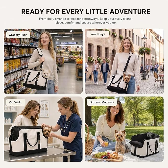 JourCraf Dog Carrier for Small Dogs, Soft Sided Cat Carrier with Hard Bottom, Breathable Mesh Top, Safety Leash, Padded Shoulder Strap, Fits Pets up to 13 lbs, for Travel, White