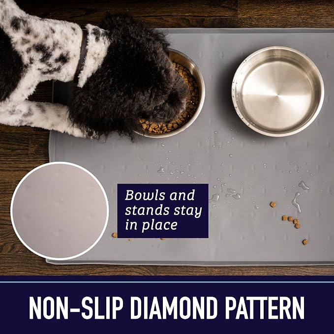 Leash Boss Dog Food Mat – Waterproof Silicone Pet Feeding Mat with Raised Edges for Dogs & Cats, Non-Slip Placemat for Food & Water Bowls, Spill-Proof Floor Protection, Easy to Clean (Grey, Crate)
