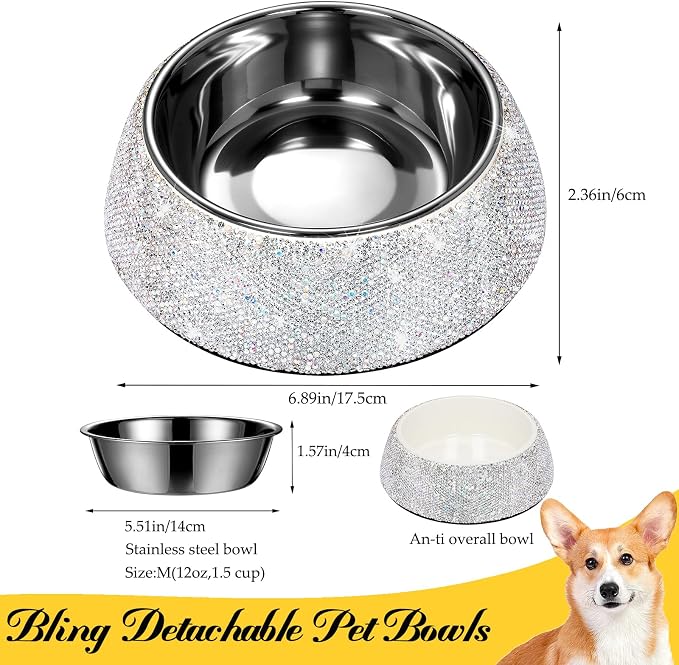 SlowVibes Bling Stainless Steel Dog Cat Bowl, Detachable, 12 oz | Rhinestone metal food or water bowl for small medium dogs and cats, rust-resistant non-slip puppy dish, sparkle pet essential