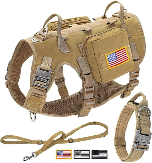 Forestpaw Tactical Dog Harness for Medium Dogs,Tactical Dog Collar with Bungee Leash Set,No Pull Military Dog Harness for Walking Training,Adjustable for Medium Dogs,Khaki,Chest 22-35"