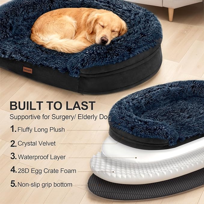 iweepet Fluffy Orthopedic Dog Beds for Large & Extra Large Dogs, 41" Calming Dog Sofa Bed with Supportive 28D Egg-Crate Foam, Removable Washable Cover, Waterproof Lining, for Puppy,Senior,Sick