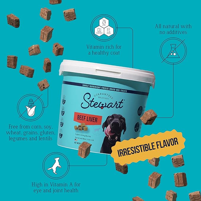 Stewart 100% Beef Liver Dog Treats, 12 oz Tub, ~270 Pieces, Freeze Dried Raw, Single Ingredient, 50% Protein Training Treats or Meal Topper, Grain Free, Gluten Free
