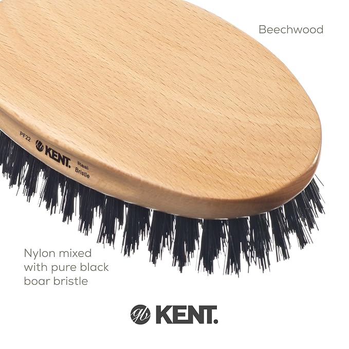 Kent PF22 Oval Black Military Brush - Boar and Nylon Bristle Mix for Men's Grooming, 360 Wave, and Facial Care. Made in England