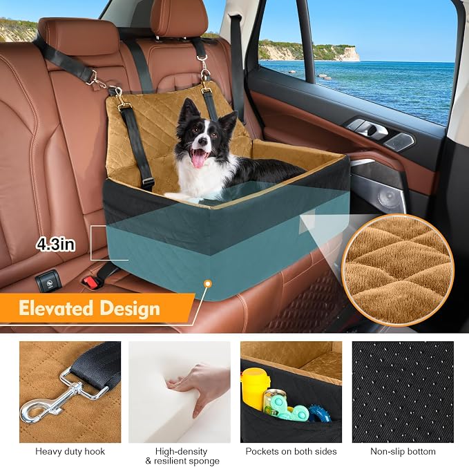 Dog Car Seat for Large Medium Sized Dogs, Washable Car Dog Bed Under 55 lbs | Dog Booster Seat for 2 Small Dogs, Elevated Cushion, Detachable Cover, Pet Car Seat with Storage Pockets, 2 Safety Belts