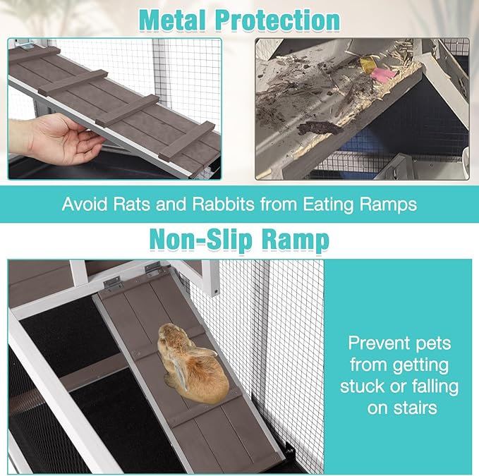 Suumerpety 62" Rabbit Hutch with Chew-Proof Ramp & Waterproof Roof - Indoor/Outdoor Bunny Cage, 2-Story Design, 6 Lockable Caster Wheels & Dual Pull-Out Trays (Brown)