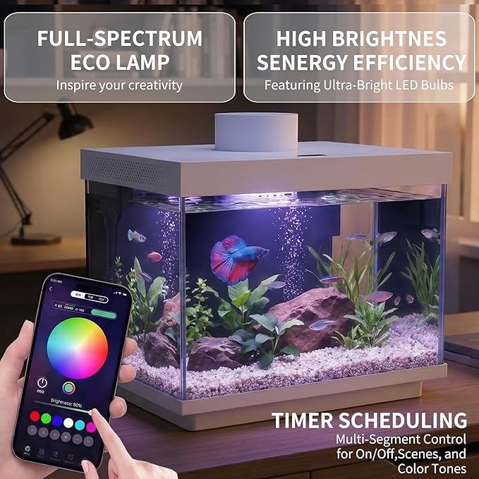 Smart Fish Tank, 2 Gallon Glass Aquarium Starter Kit with App Control, Auto Feeder, Temperature Display, RGB Color Light 3-in-1 Quiet Pump with Filter for Home, Office Corner