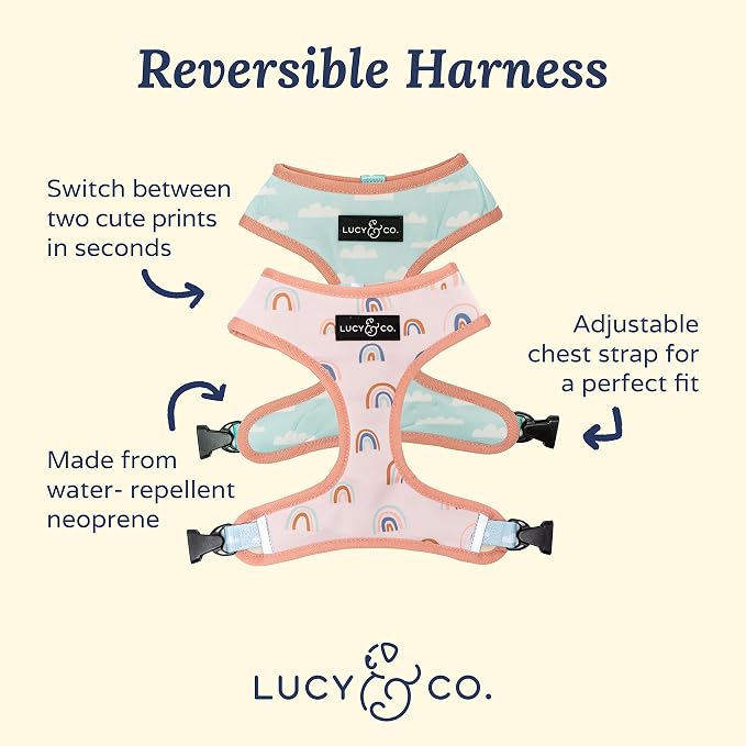 Lucy & Co. Reversible Dog Harness - Water-Repellent Neoprene, Dual-Print Design, Easy Swap Style, Adjustable Comfort Fit - in the Clouds Reversible Harness - X-Small