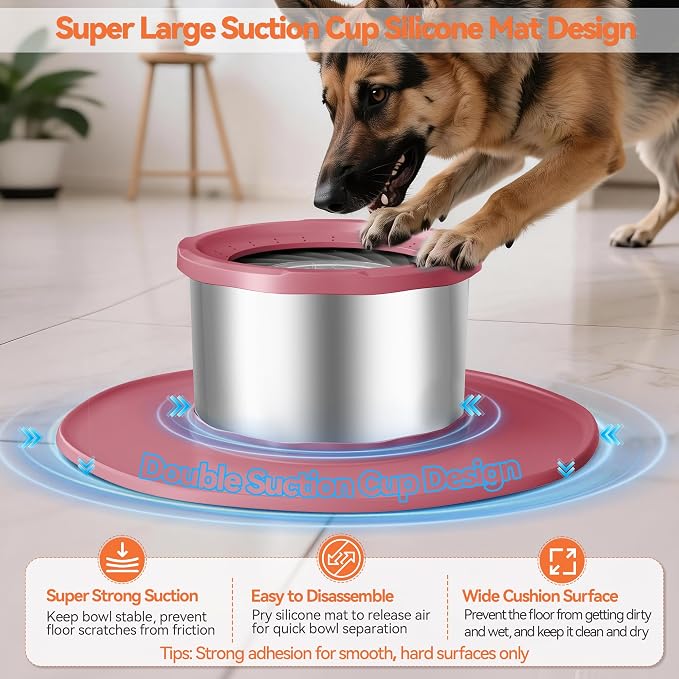 Decflow 12L No Spill Dog Water Bowl for Large Dogs, Stainless Steel Spill Proof Bowls with Suction Cup Anti-Skid Mat, Slow Feeder for Messy Drinkers, Heavy Duty Pet Bowls for Indoor/Outdoor Pink