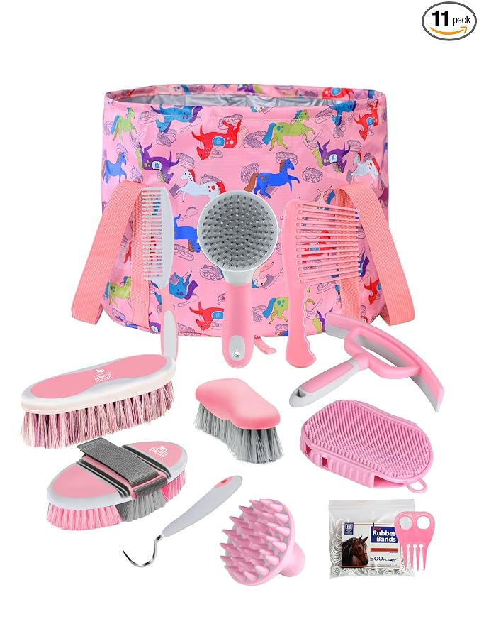 Harrison Howard Complete Horse Grooming Set, 11-Piece Advanced Daily Grooming Tools with Extra Brushes for Full Horse Care Pink Brushstroke Ponies