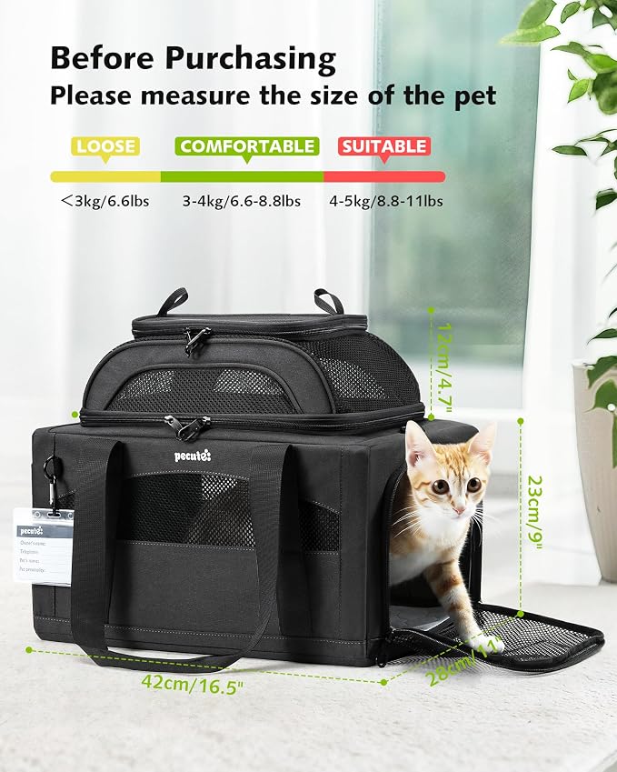 Pecute Top Expandable Airline Approved Pet Carrier for Cats, Olive Green | Top side expandable, breathable scratch-resistant mesh, leakproof pee pad, locking zippers, foldable travel bag under 11lbs.