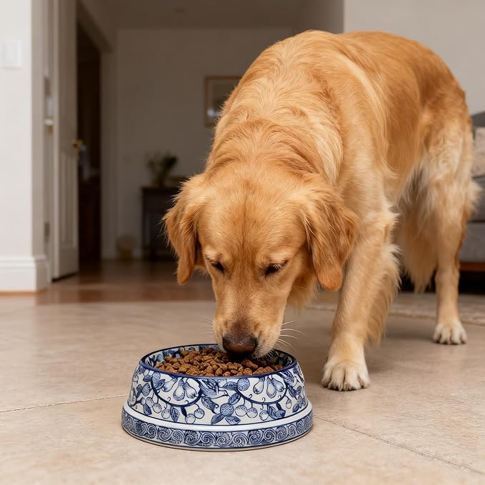 Aimusego Blue and White Vintage Ceramic Dog Bowl for Pet Owners, Anti-Skid Base Medium Large Water and Food Pet Cat Dish-9inch