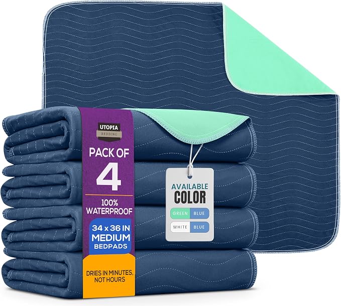 4 Pack Washable Pee Pads for Dogs 34" x 36", Waterproof Dog Training Pads | Reusable Dog Training Pads for Sofa, Incontinence Bed Pads for Adults, Elderly and Kids (Navy,Green) by Utopia Bedding