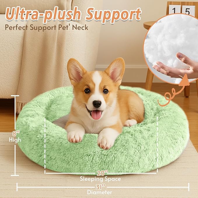 JOLLYVOGUE Calming Dog Bed Medium Size Dog, 31in Donut Washable Medium Pet Bed, Anti-Slip & Anti-Anxiety Fluffy Faux Fur Round Dogs Bed, Fits up to 45 lbs Pets (Light Green)