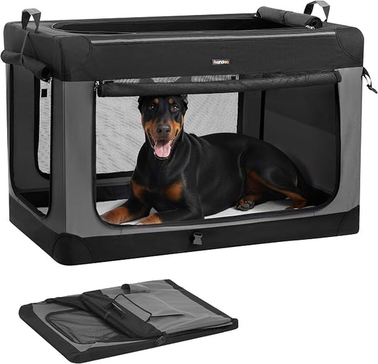 Feandrea Collapsible Dog Crate, Portable Oxford Fabric Pet Carrier, 48-Inch | For Extra Large Dogs, 4 Mesh Doors, Handles, Storage Pocket, Water Bottle Holder, Black and Gray BAX Collection UPDC022BH01
