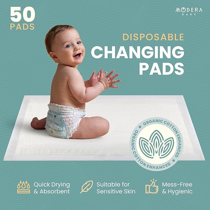 Organic Cotton Enhanced Disposable Changing Pad Liners | Large 18x24 Hypoallergenic Ultra Absorbent Waterproof Super Soft Quilted Underpads for Baby Diaper Table/Travel, Leak Proof, Mess Free 50-Pack