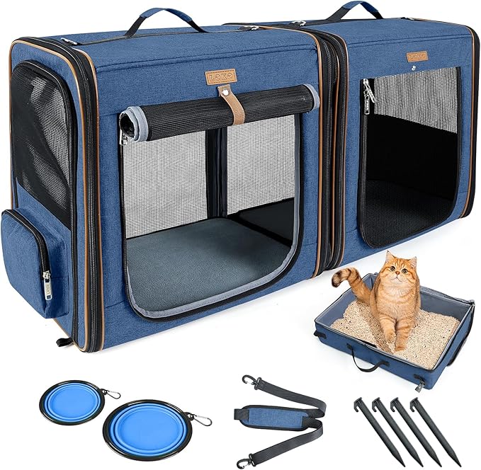 Lekereise Large Cat Carrier for 2 Cats, 2-in-1 Cat Travel Carrier with Litter Box, (17.7" x2) x16.5"x13" Pet Carrier with Zipper Locks for Moving Across The Country (No Hammock) - Blue