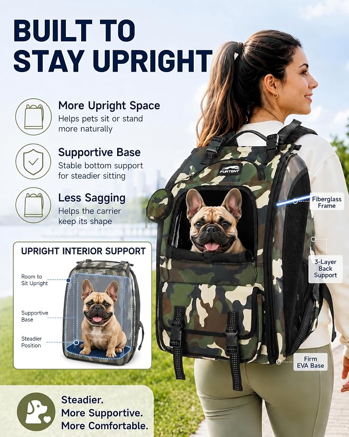 Dog Backpack Carrier with Ergonomic Support, Padded Straps and Ventilation, Hiking Pet Backpack with Safety Tethers, Reflective Trim and Waist Support, Up to 22lbs