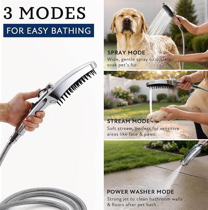 G-Promise 3 Mode Dog Wash Shower Attachment with Pause Mode for Outdoor Use | High Pressure, with Pause Mode, Built-In Brush for Wash & Groom, Extra Long Hose, Easy Install