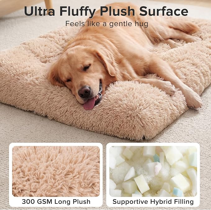 JOEJOY Large Dog Bed Crate Pad, Deluxe Plush Washable Dog Beds Fulffy Soft Kennel Pad Anti-Slip Pet Sleeping Mat for Extra Large Medium Small Dogs, 44" x 32", Beige
