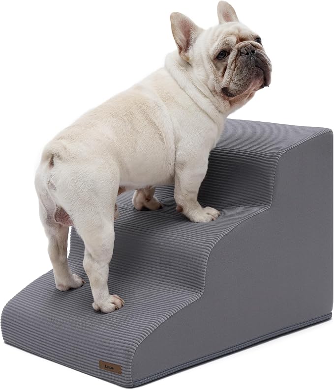 Lesure Dog Pet Stairs for Small Dogs and Cats, Grey, 3 Steps | Pet Steps Ramp for Bed and Couch, 33D CertiPUR-US Certified Foam, Indoor and Car Use, Non-Slip Bottom, Removable Cover